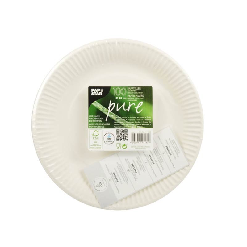 100 Platos cartón biodegradable gama Pure redondo Ø 23 cm blanco