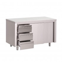 Mesa cocina de acero inoxidable Gastro-M puertas deslizantes y 3 cajones 1,4 metros GN163